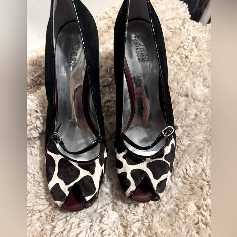 Guess Size 8 peek-a-boo cow print heels